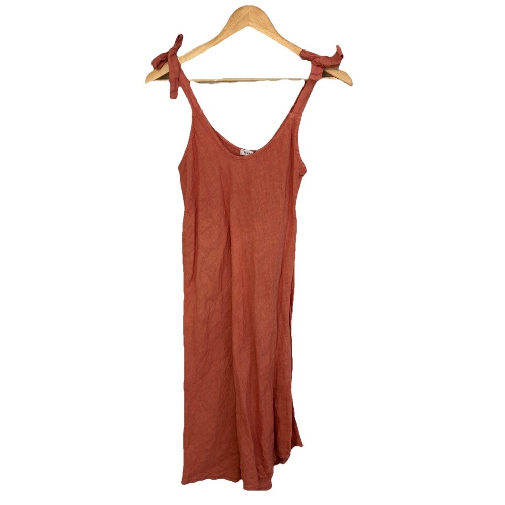 Tempo Paris Rust Orange Beach  Linen Dress  Tie Lagenlook Minimalist Small